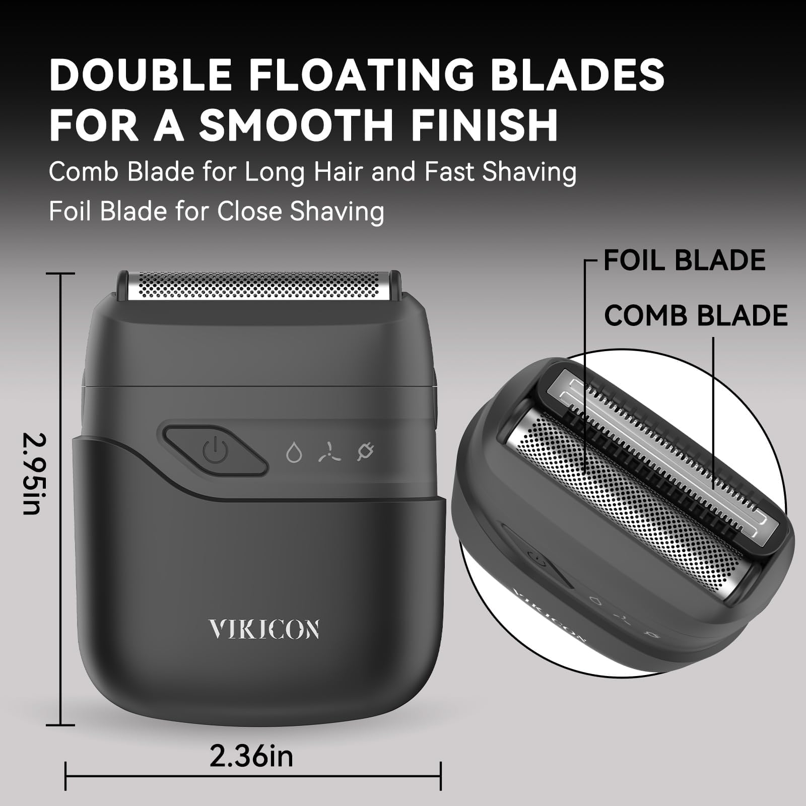 Close-up of VIKICON shaver blades illustrating hypoallergenic dual foils