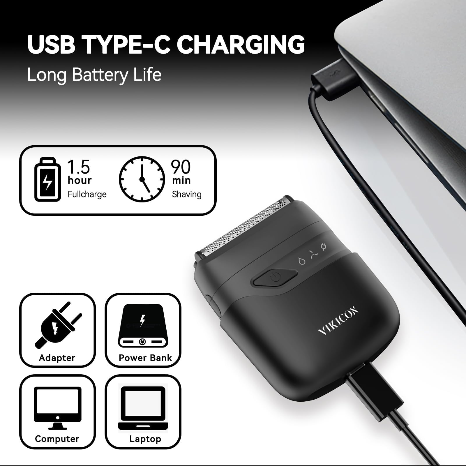VIKICON shaver USB-C charging port for fast power on the go