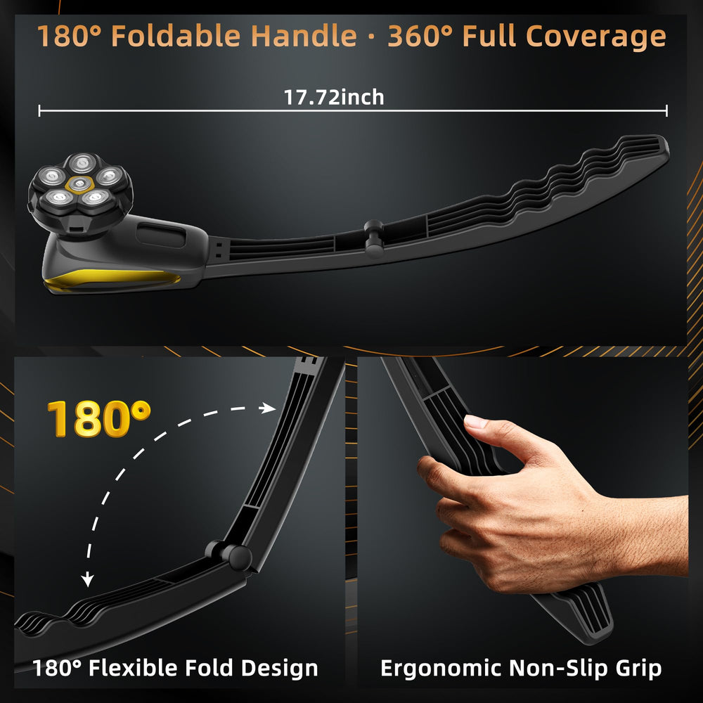 VIKICON Groomer extended 180-degree foldable handle reaches shoulders and lower back.