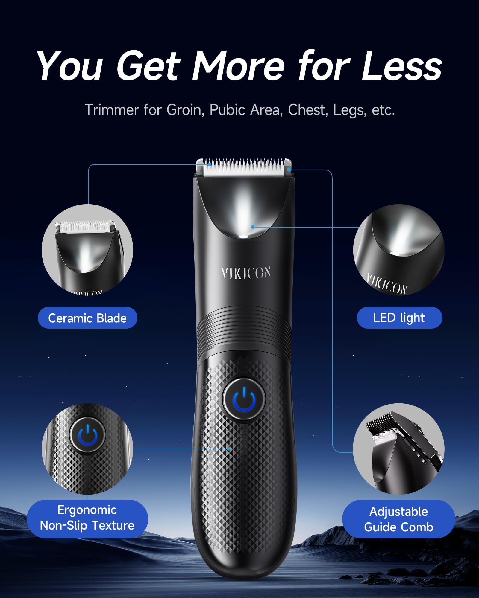 VIKICON Manscape Trimmer ceramic blade close-up for smooth trimming without pulling.