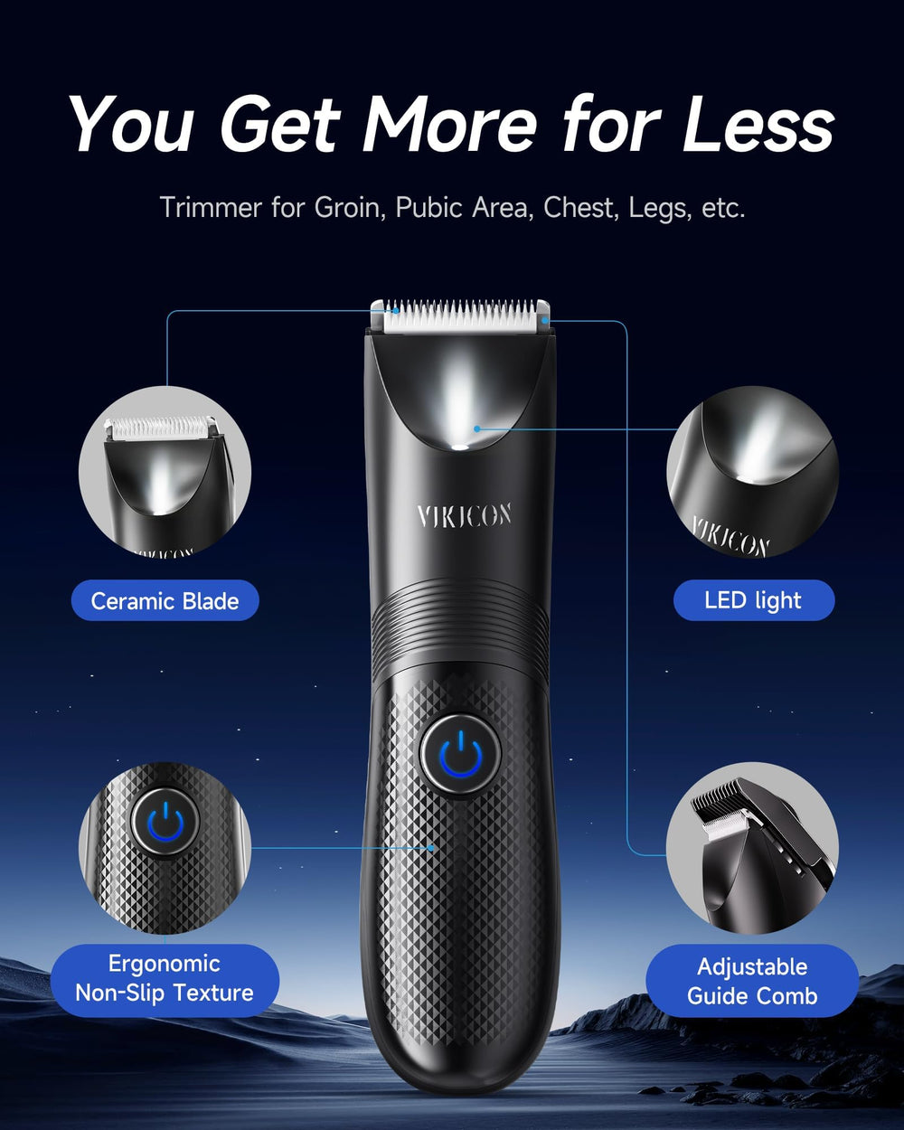 VIKICON Manscape Trimmer ceramic blade close-up for smooth trimming without pulling.