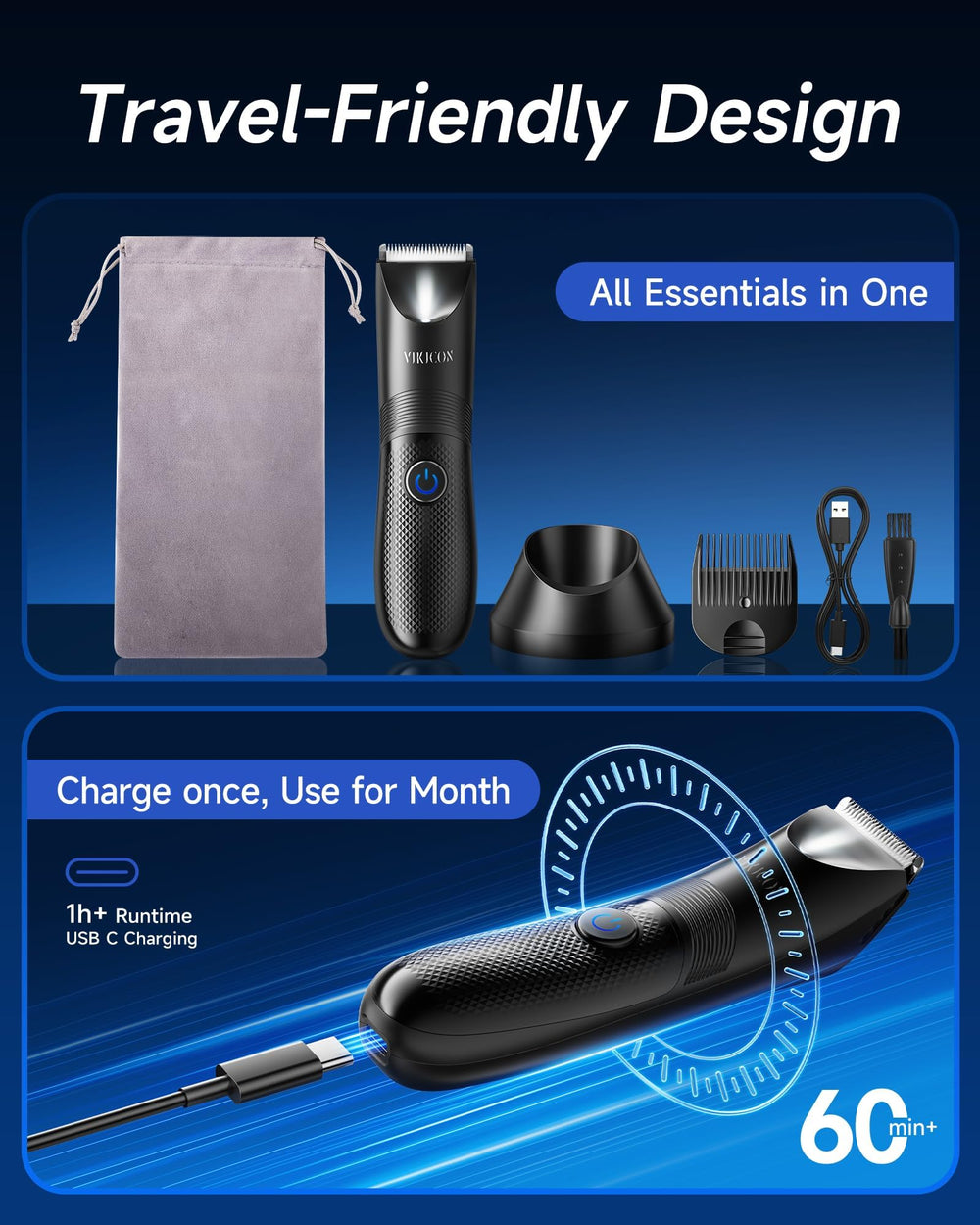 VIKICON Manscape Trimmer ergonomic handle close-up for comfortable grip.
