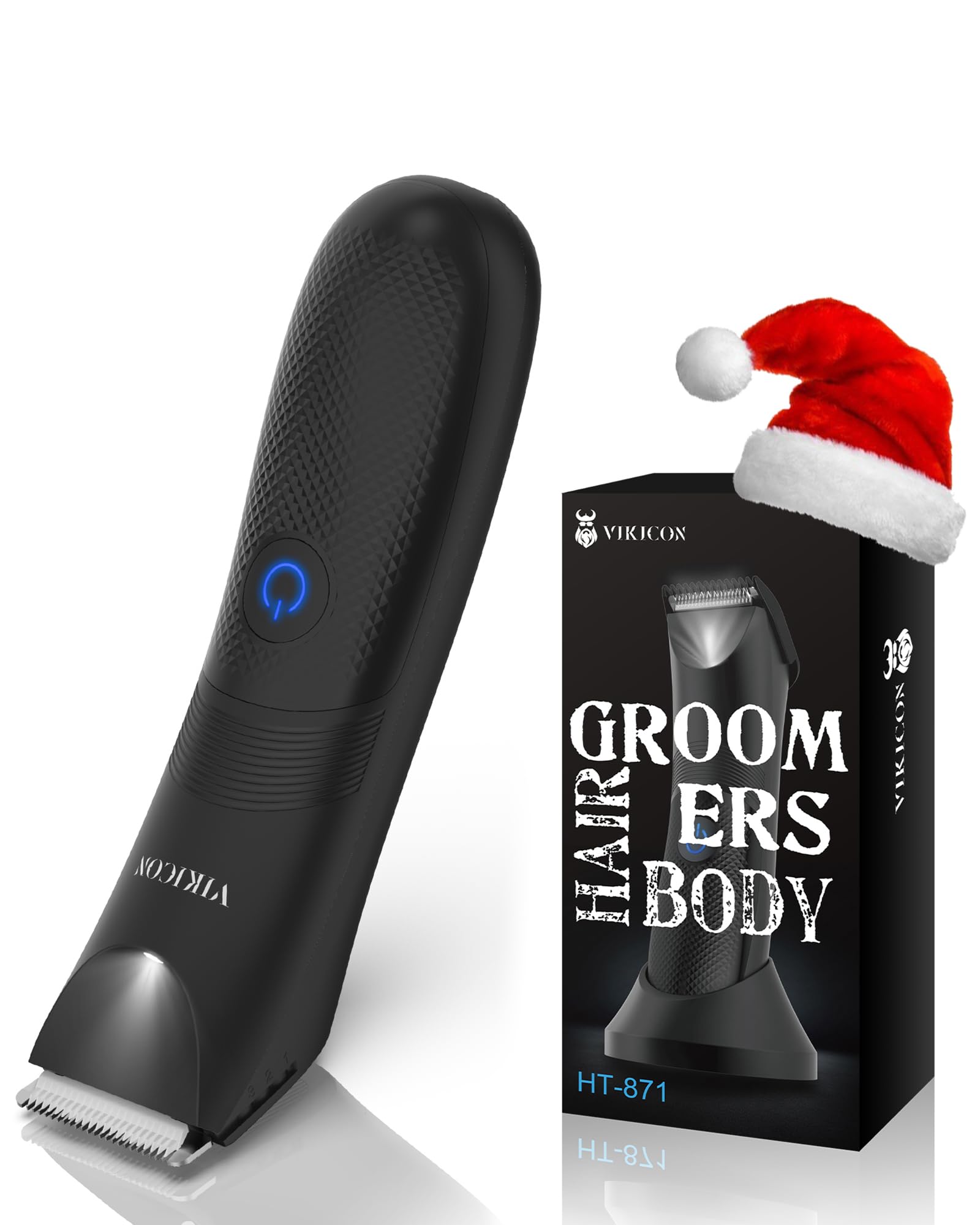 VIKICON Manscape Trimmer LED light close-up for precise grooming in dim light.