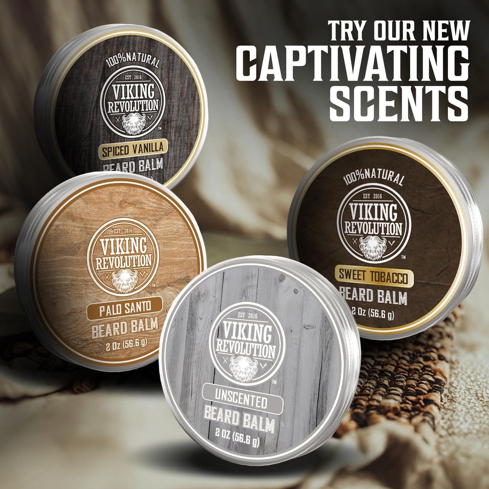 Viking Revolution beard balm texture swatch shows smooth, non-greasy finish.