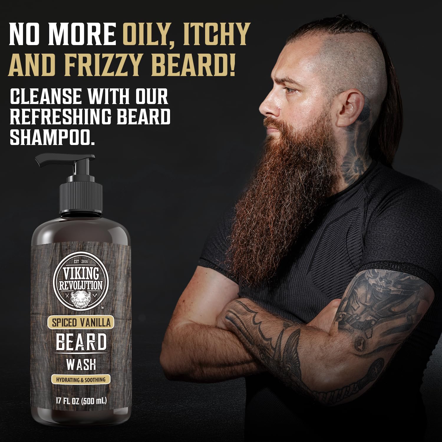 Viking Revolution 17oz bottle showcases beard care in durable packaging.