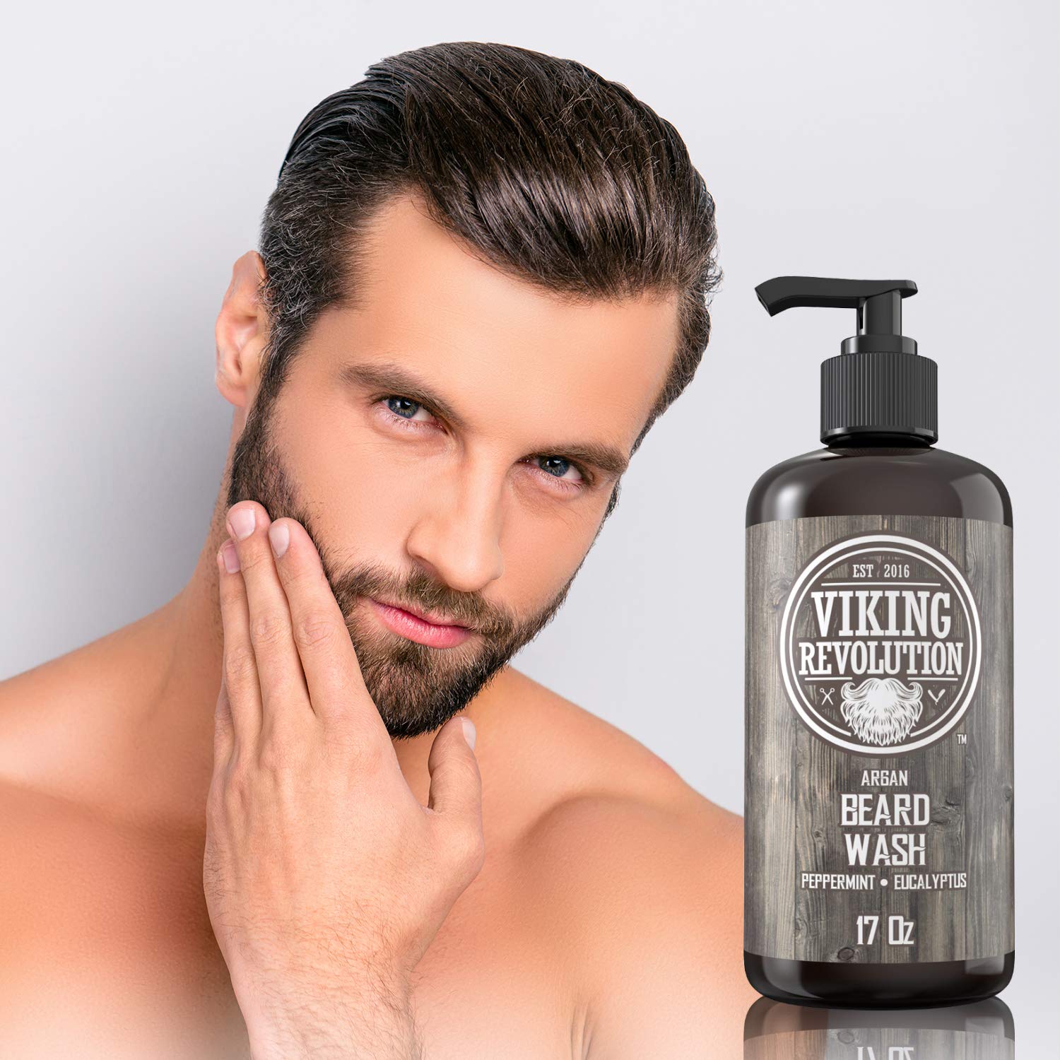 Viking Revolution 17oz shampoo bottle shown for long-lasting beard care.