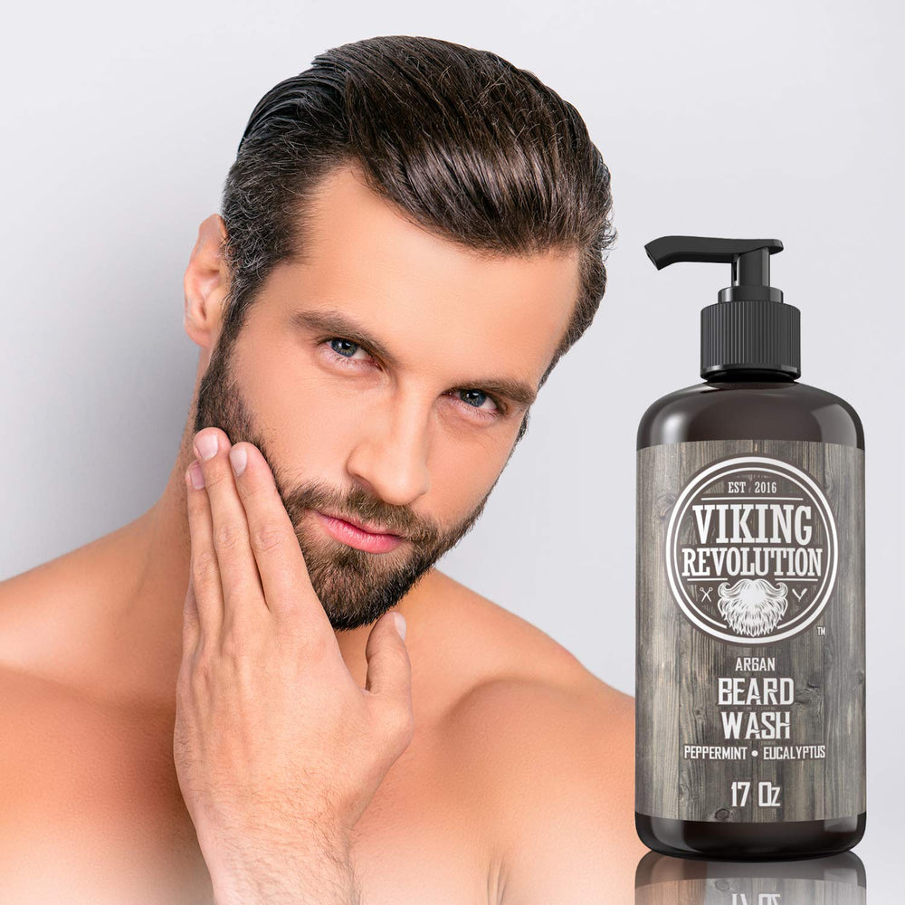 Viking Revolution 17oz shampoo bottle shown for long-lasting beard care.