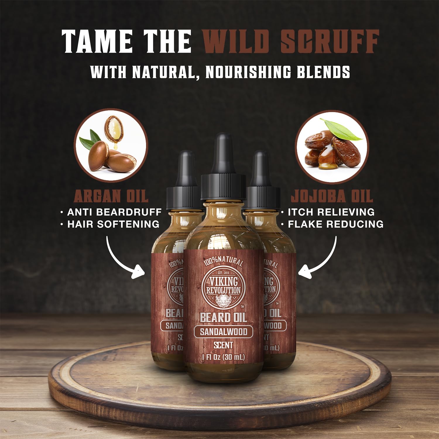 Viking Revolution sandalwood blend bottle highlighting natural beard nourishment
