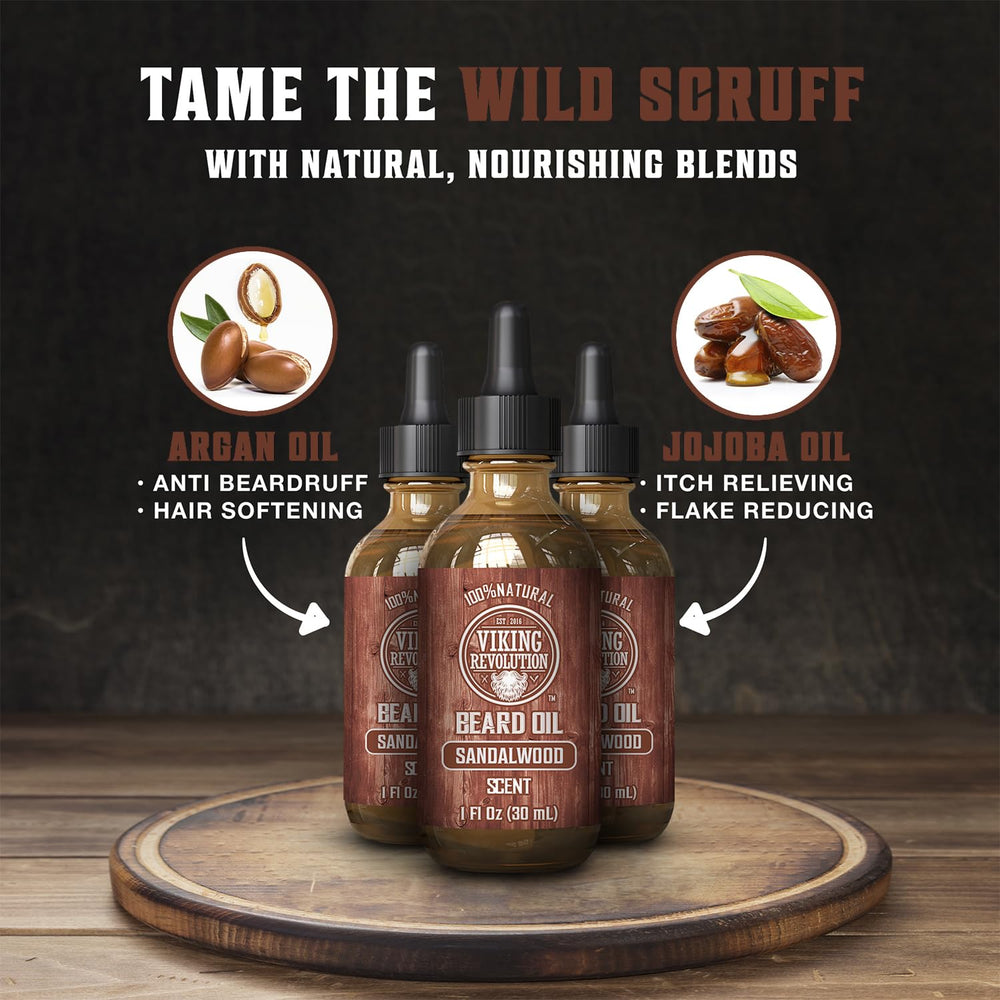 Viking Revolution sandalwood blend bottle highlighting natural beard nourishment