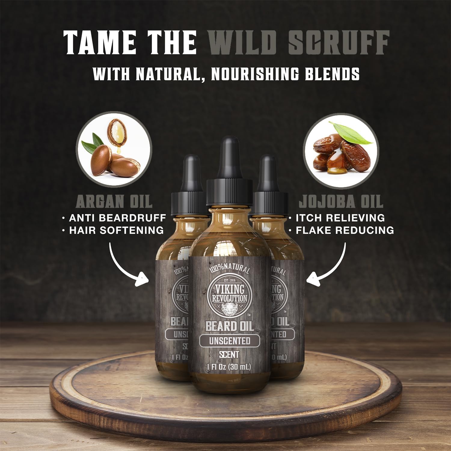 Viking Revolution argan and jojoba oil blend nourishes facial hair.