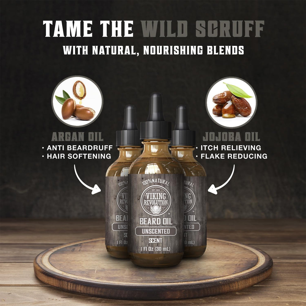 Viking Revolution argan and jojoba oil blend nourishes facial hair.