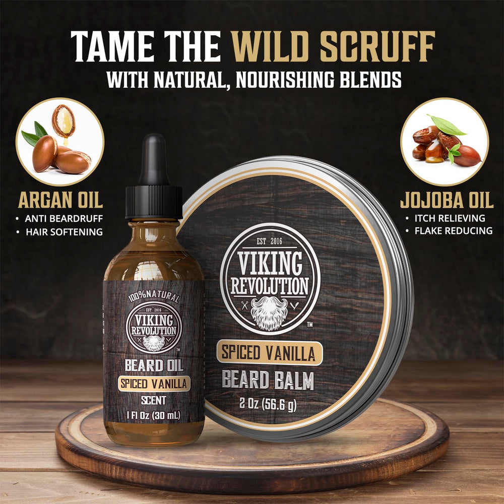 Argan and jojoba oils bottle highlighted as nourishing beard care ingredients