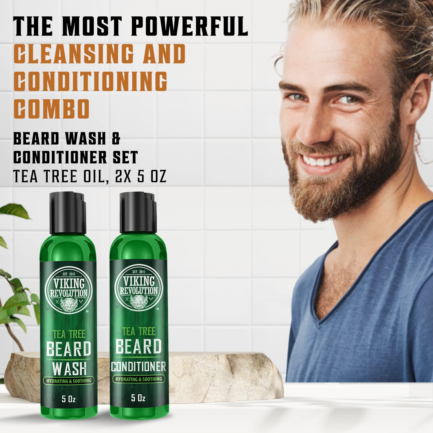 Viking Revolution ingredients panel shows argan oil, vitamin E, and ginseng for nourishment.