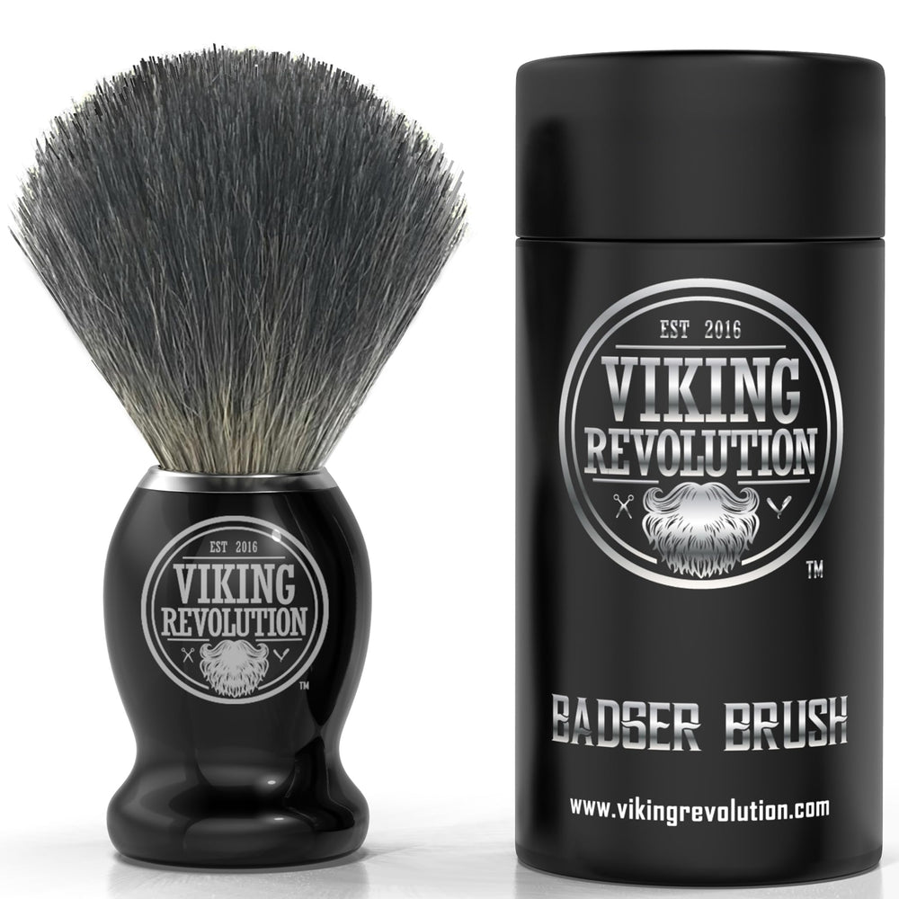 Viking Revolution badger brush front view highlights sturdy grip for shaving