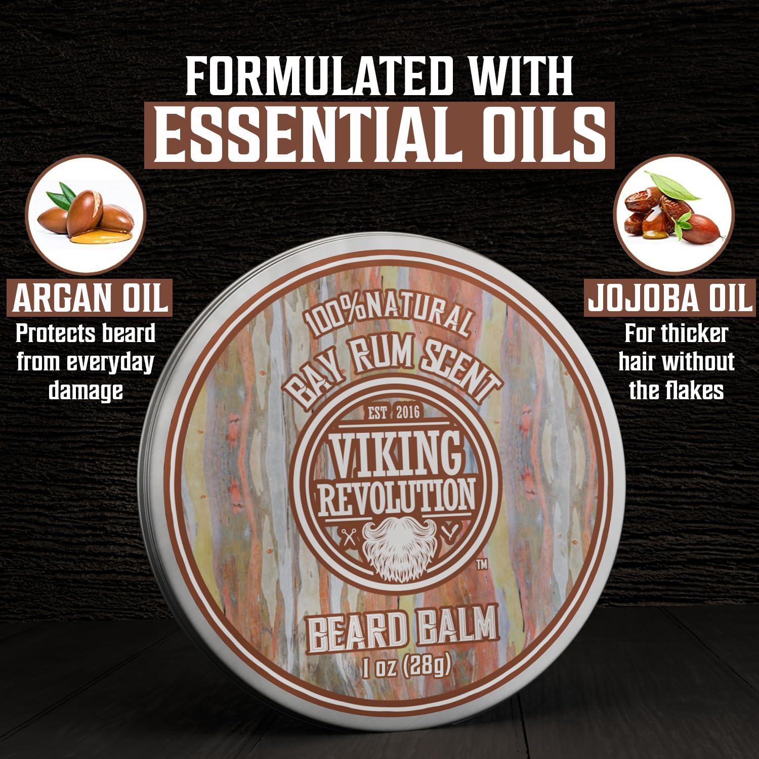 Viking Revolution bay rum beard balm tin emphasizes masculine aroma and long-lasting conditioning.