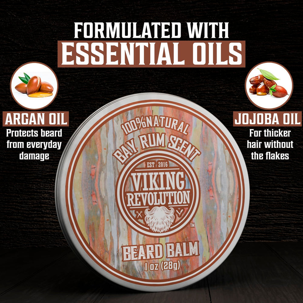 Viking Revolution bay rum beard balm tin emphasizes masculine aroma and long-lasting conditioning.