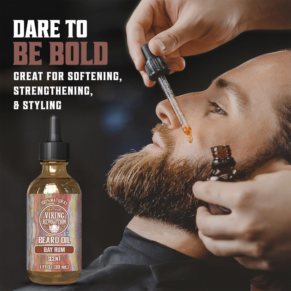 Viking Revolution Bay Rum Beard Oil dropper shows precise application