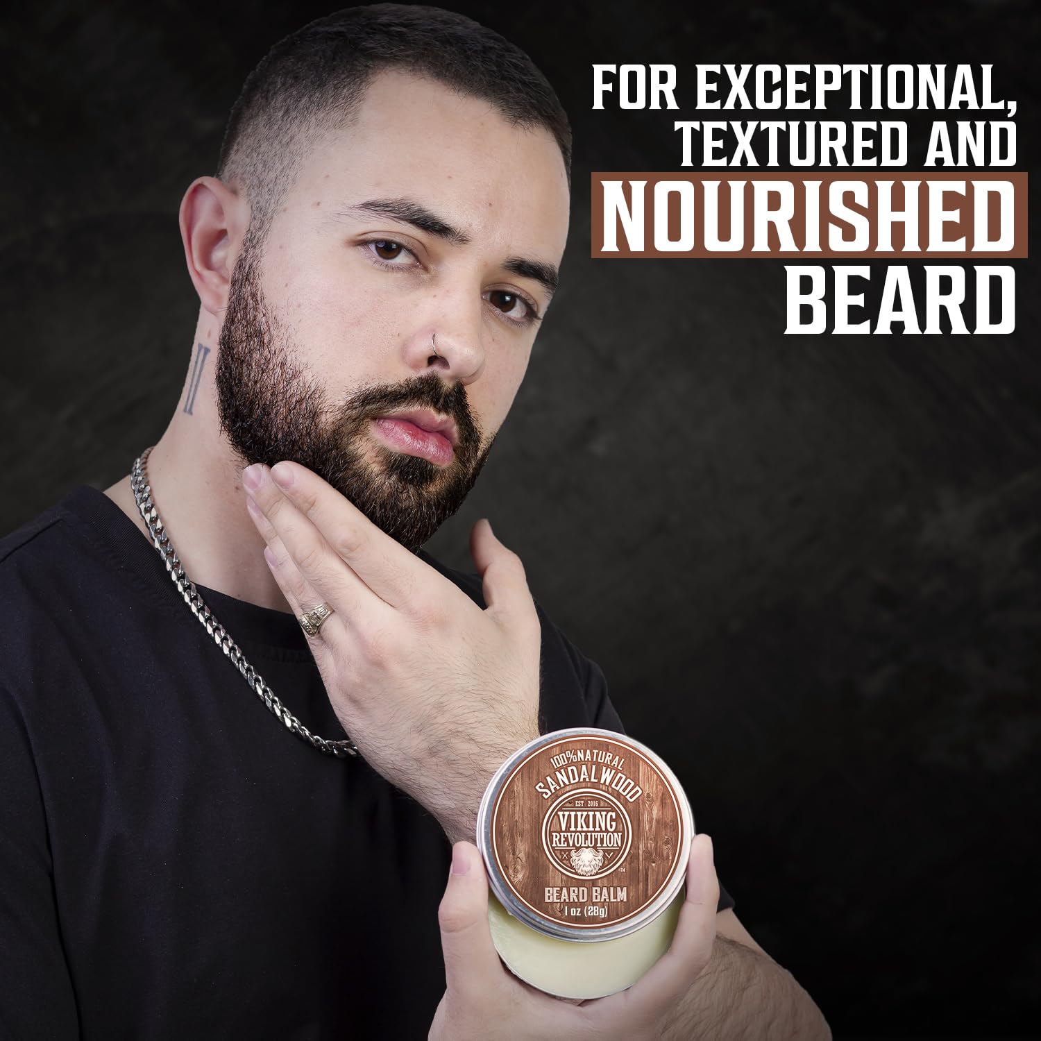 Viking Revolution beard balm application demonstrates easy smoothing and shaping on the go.
