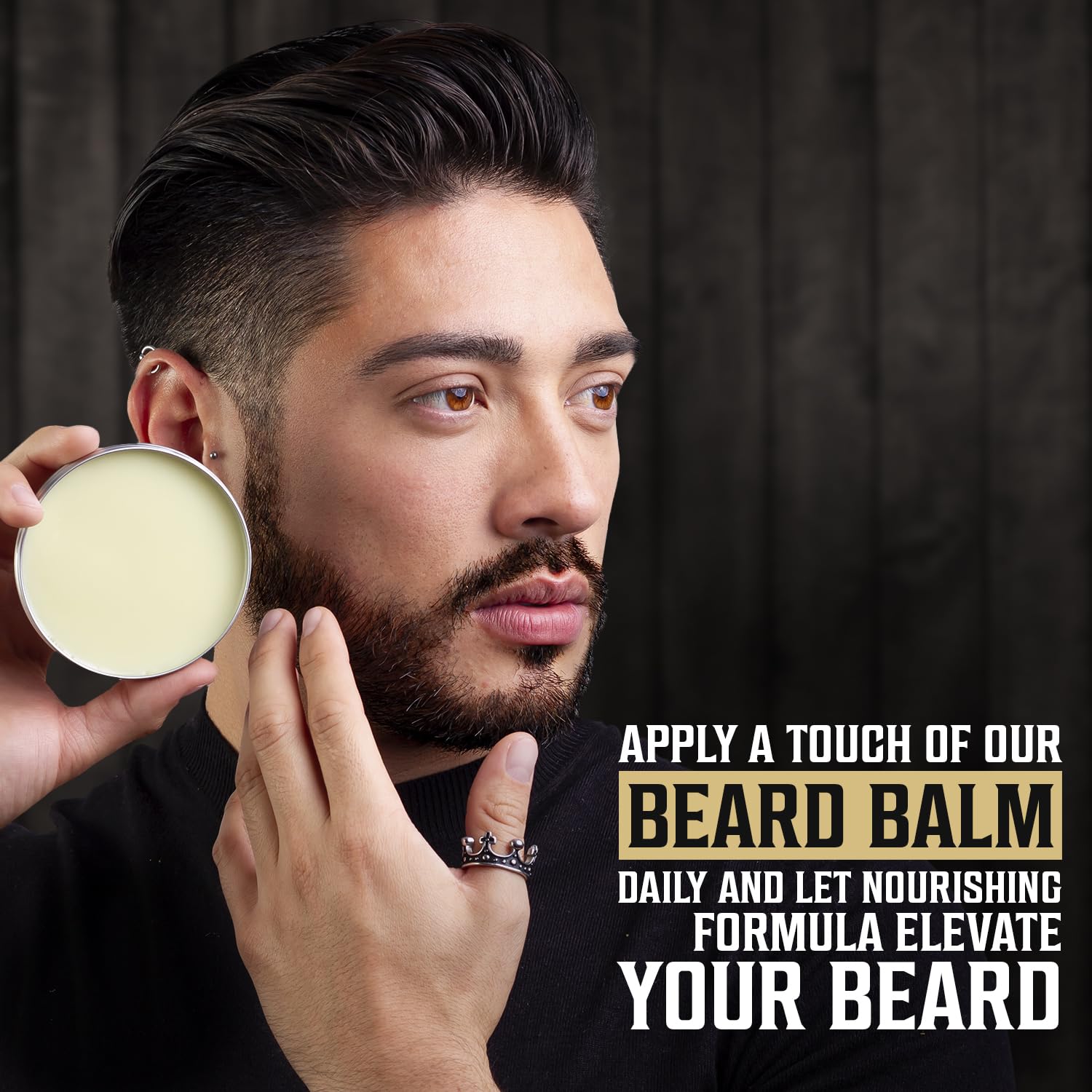 Viking Revolution beard balm application image demonstrates easy, non-greasy leave-in conditioning.
