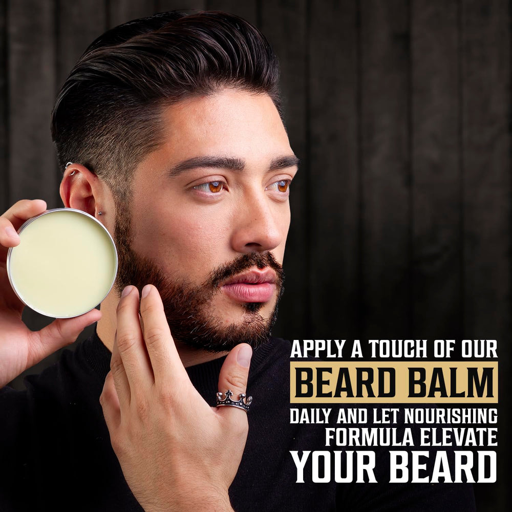 Viking Revolution beard balm application image demonstrates easy, non-greasy leave-in conditioning.