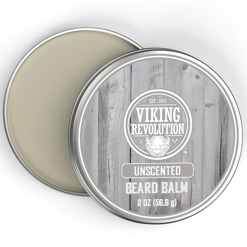 Viking Revolution unscented balm packaging label promotes clean grooming routine.