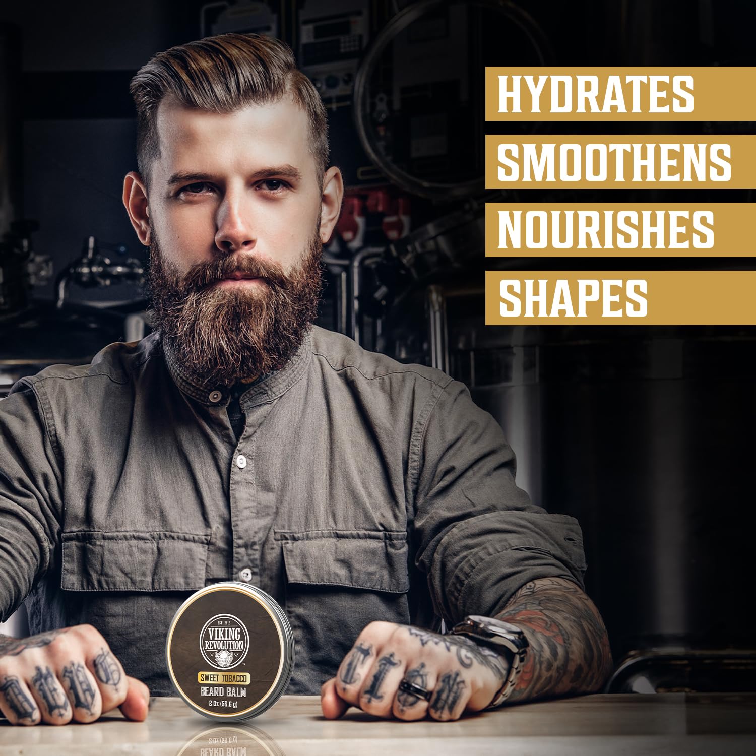 Viking Revolution beard balm spread on beard, moisturizes and tames flyaways.