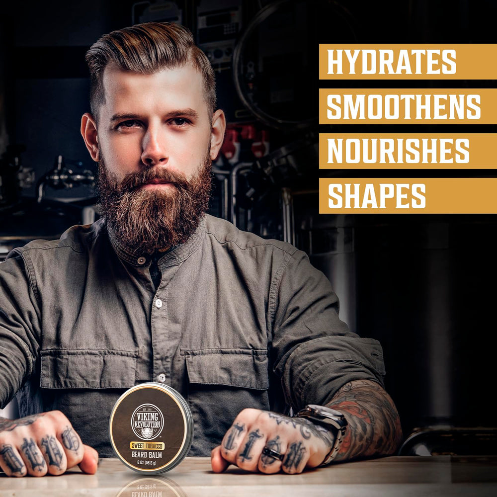 Viking Revolution beard balm spread on beard, moisturizes and tames flyaways.