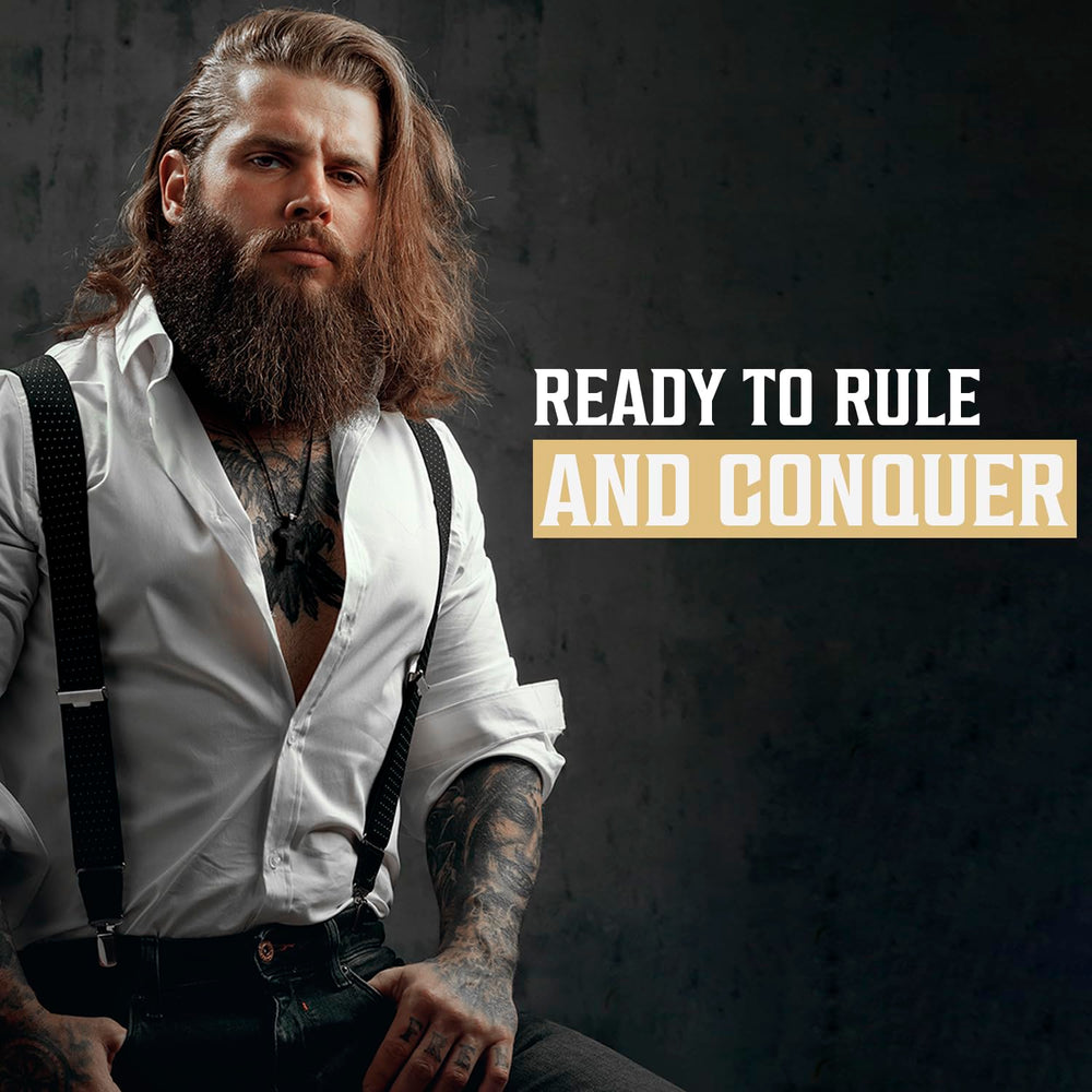 Viking Revolution beard care kit laid out with wash conditioner oil.
