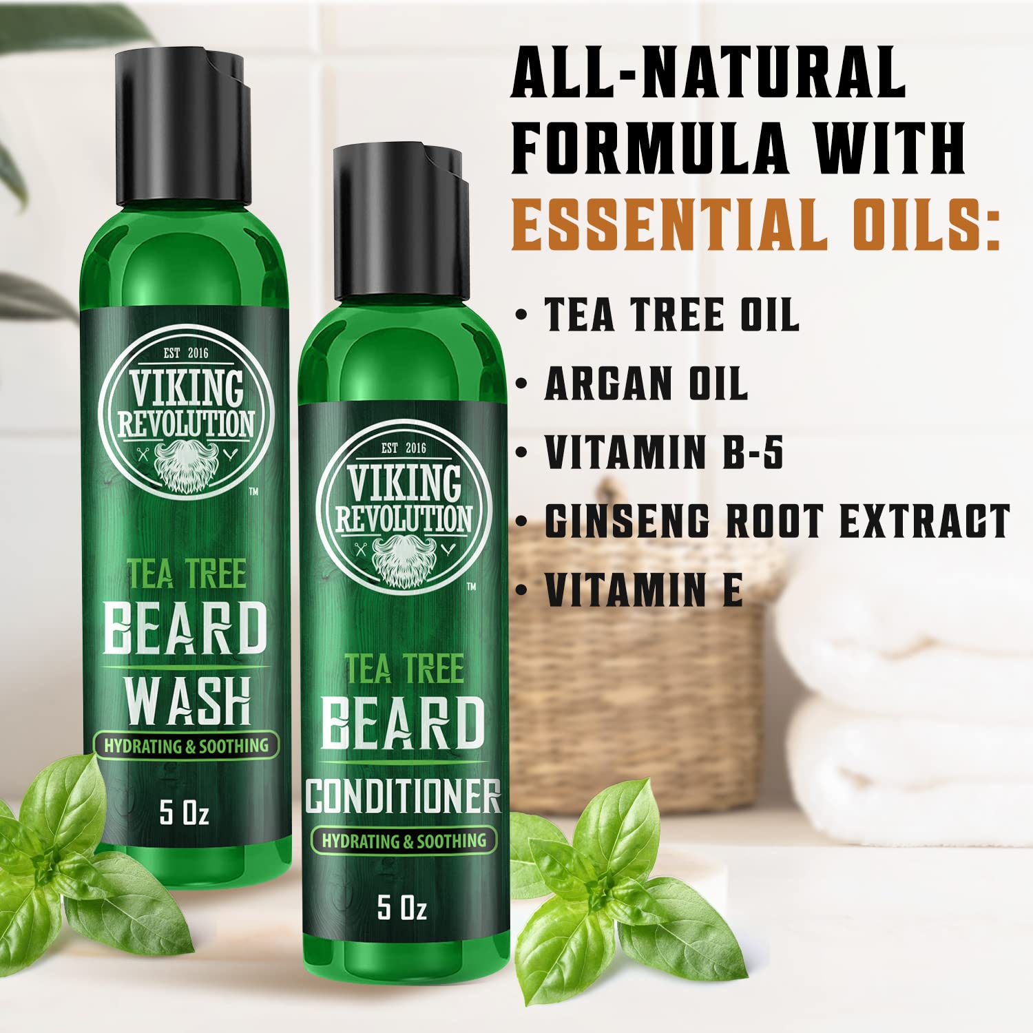Viking Revolution beard care kit label highlights ingredients that nourish beard and skin.