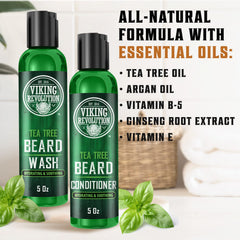 Viking Revolution beard care kit label highlights ingredients that nourish beard and skin.
