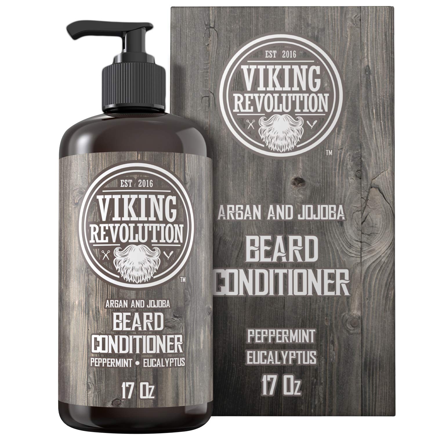 Viking Revolution beard conditioner bottle highlights argan and jojoba oils for hydration.