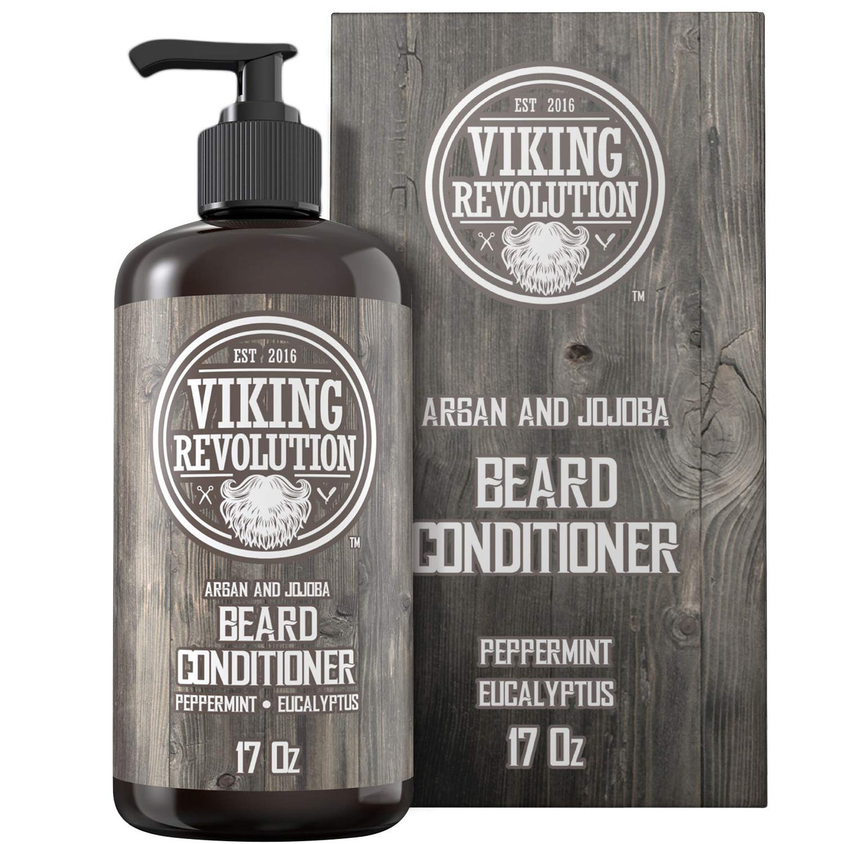 Viking Revolution beard conditioner bottle highlights argan and jojoba oils for hydration.