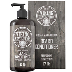 Viking Revolution beard conditioner bottle highlights argan and jojoba oils for hydration.