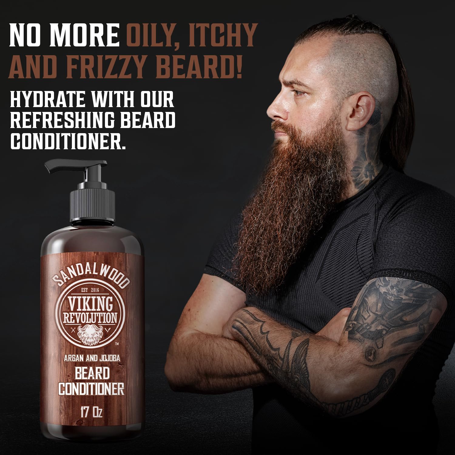 Viking Revolution conditioner ingredients close-up highlighting argan and jojoba oils.