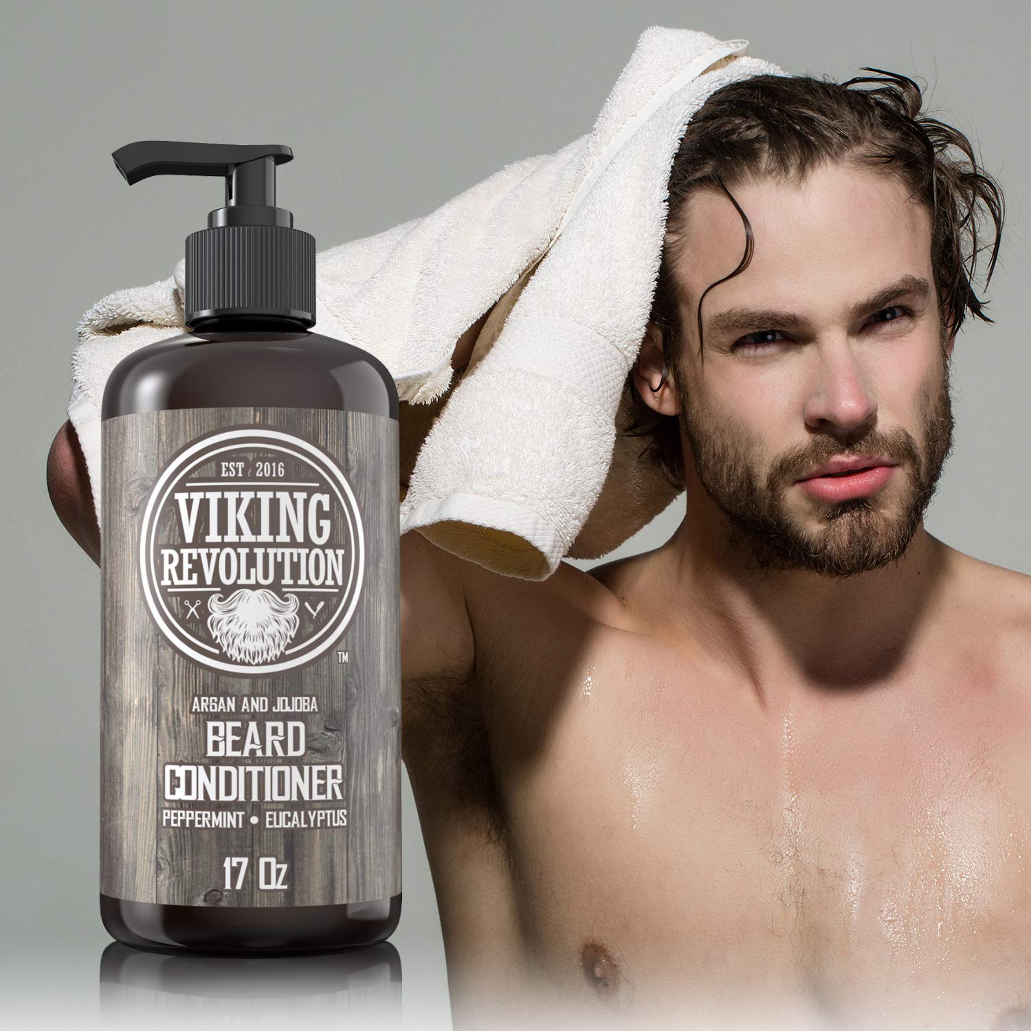 Beard conditioner bottle emits peppermint-eucalyptus aroma.