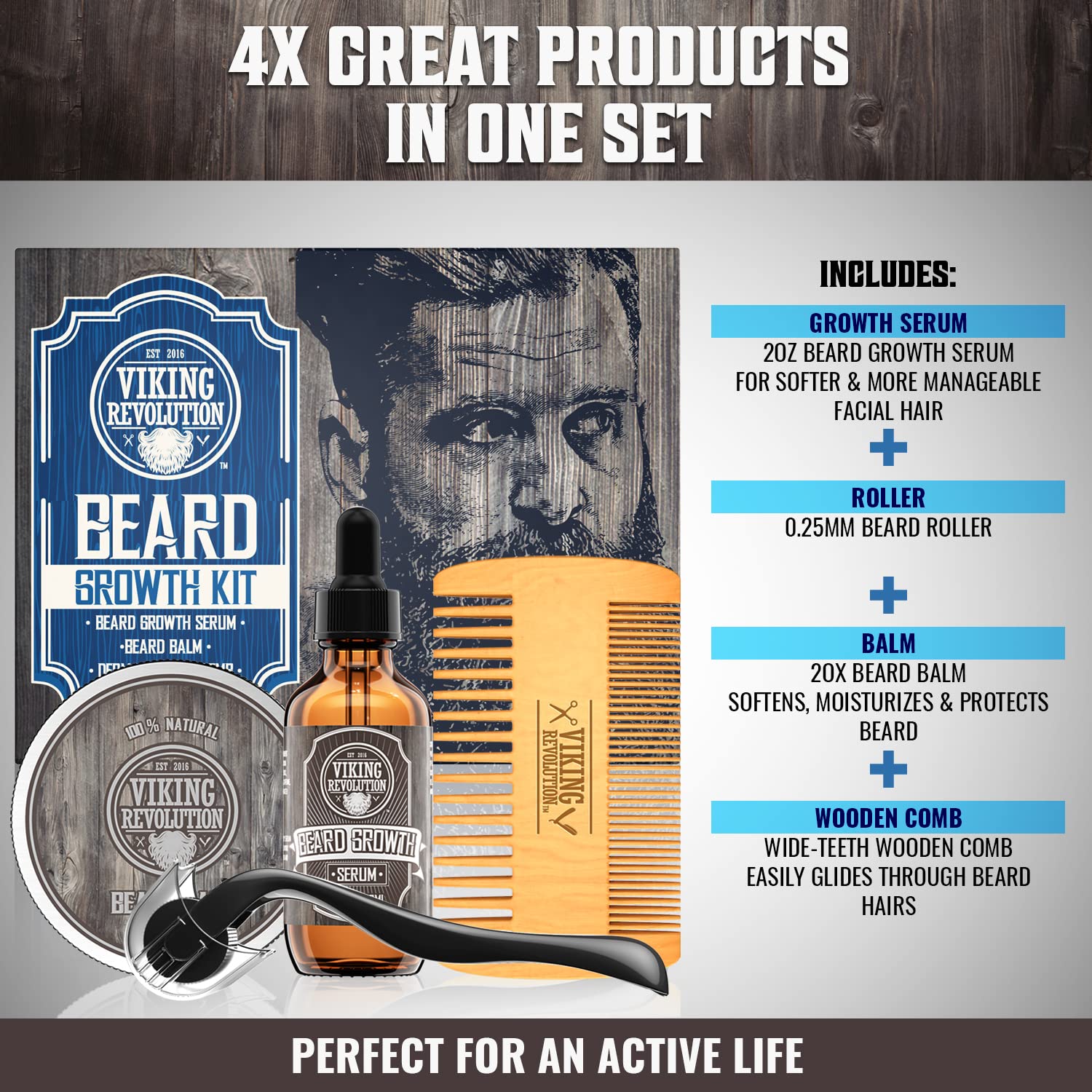 Viking Revolution beard growth oil and balm tubes shown for frizz control.