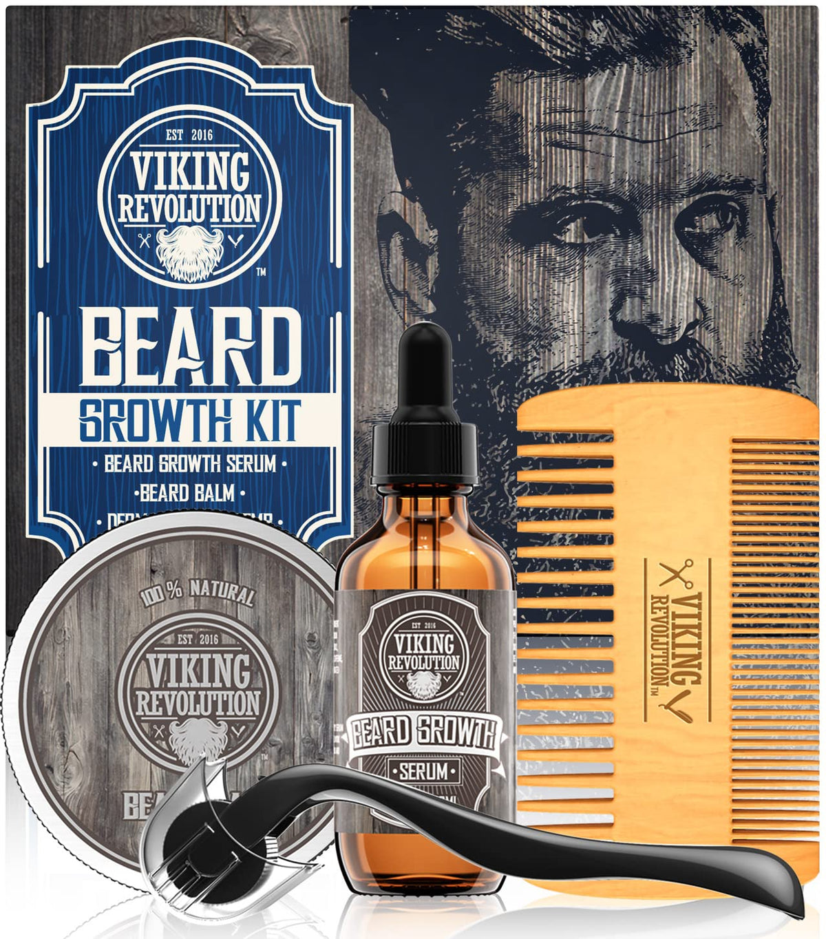 Viking Revolution beard growth serum bottle for daily grooming benefits.