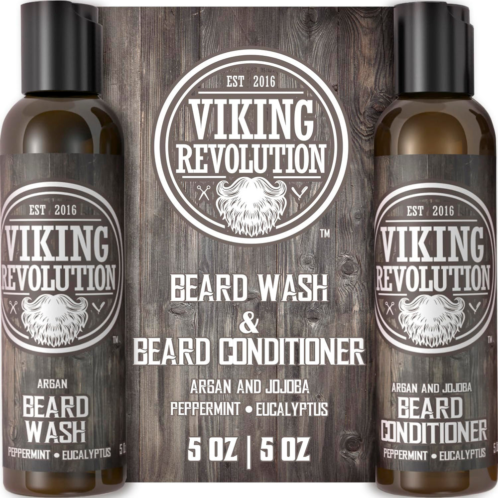 Viking Revolution beard wash bottle with argan and jojoba oils for clean, soft facial hair