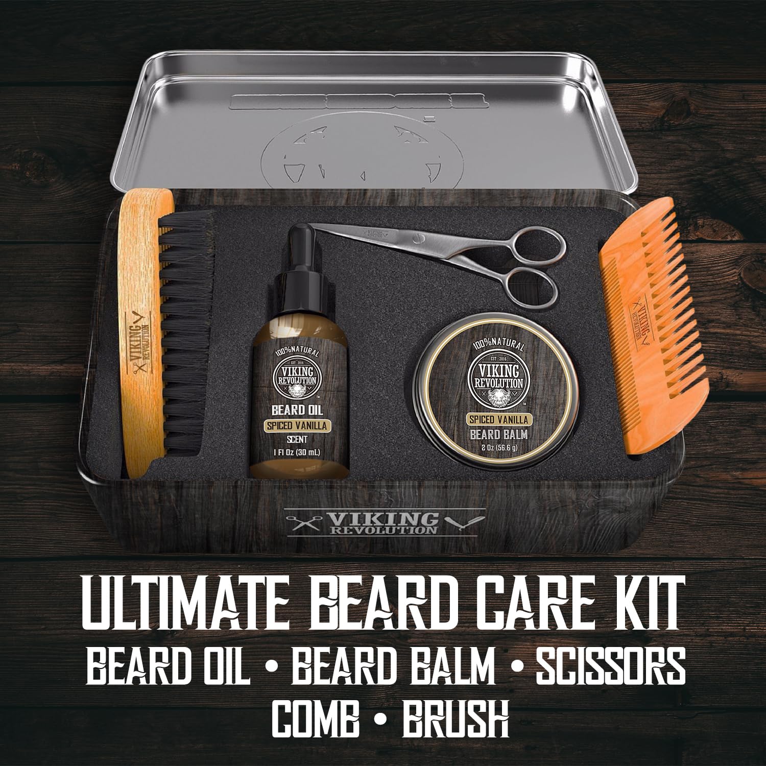 Viking Revolution metal beard kit tin showcases the complete grooming set
