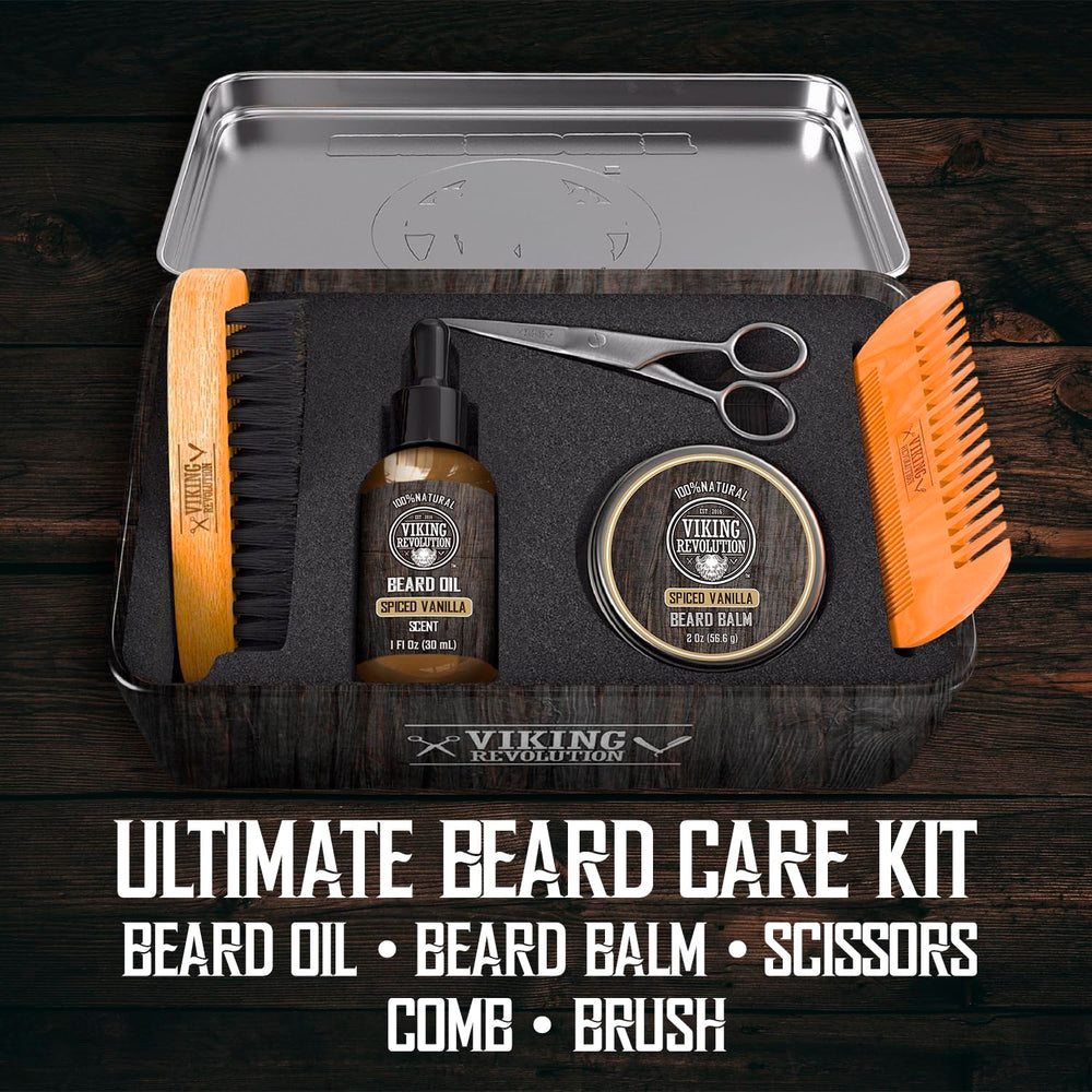 Viking Revolution metal beard kit tin showcases the complete grooming set