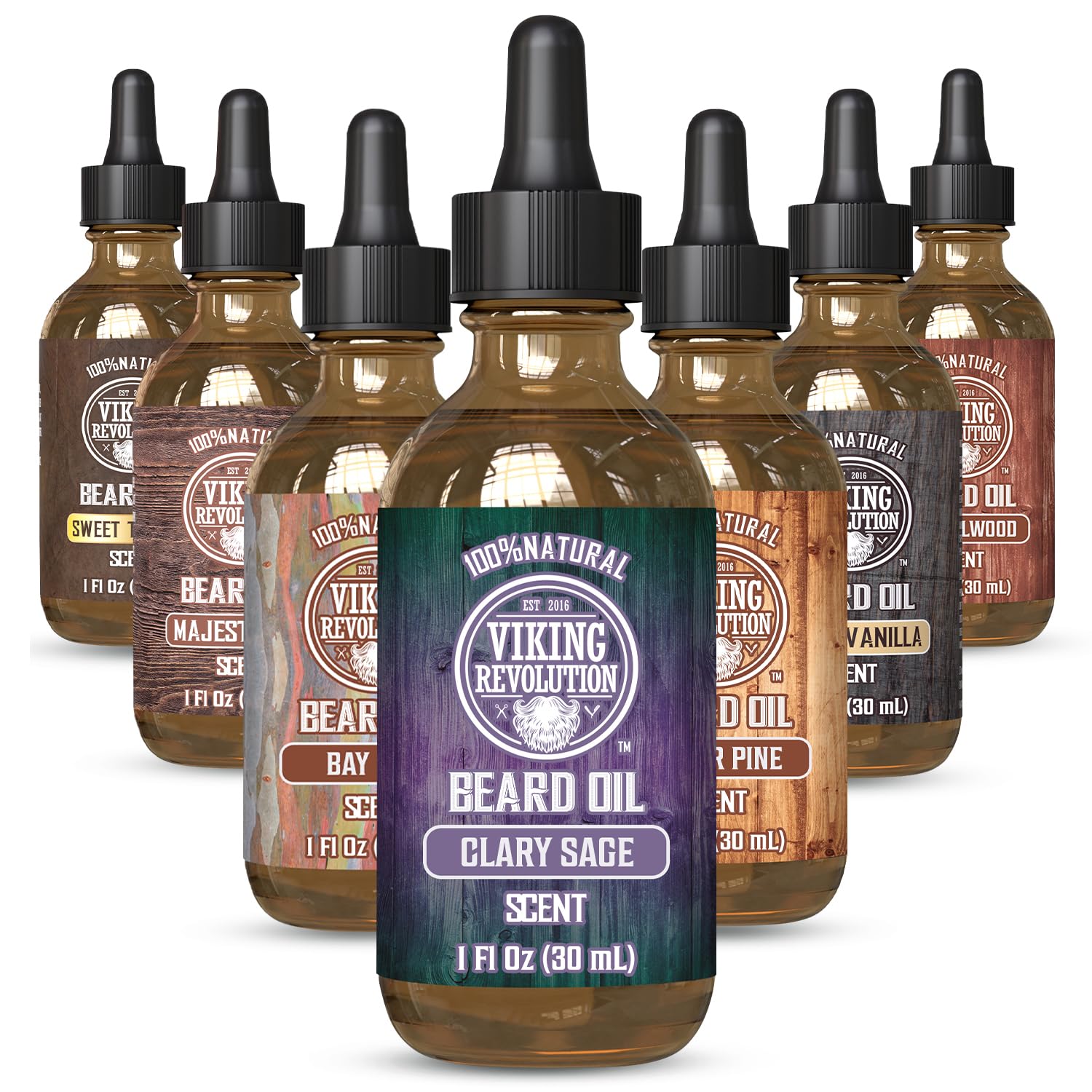 Viking Revolution beard oil bottle emphasizes Clary Sage scent for lasting fragrance