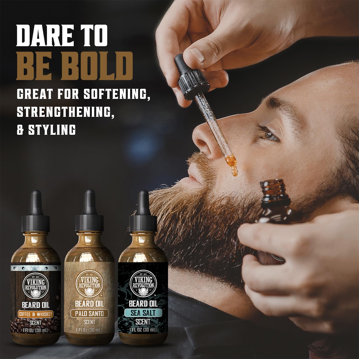 Viking Revolution coffee whiskey beard oil bottle highlights bold scent