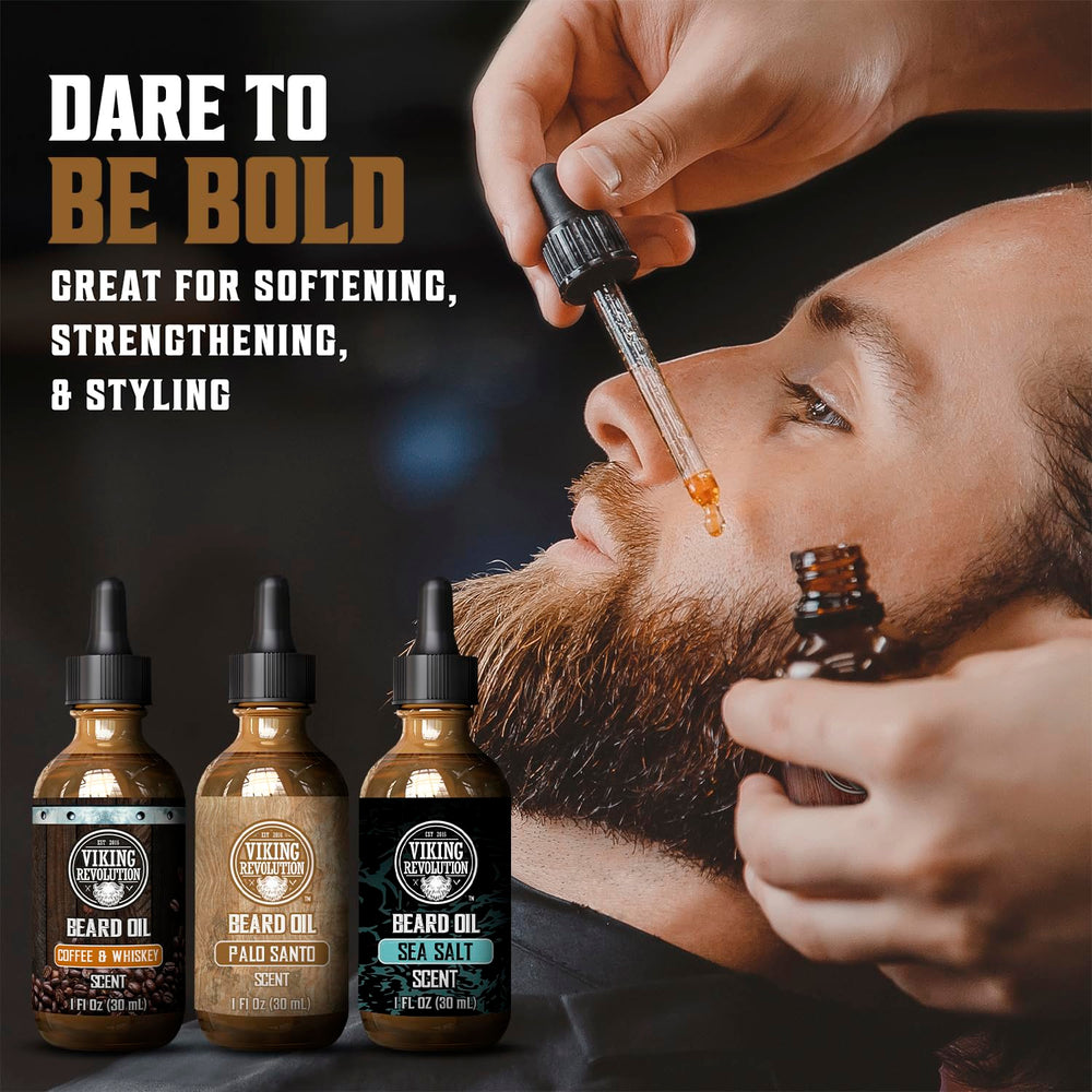 Viking Revolution coffee whiskey beard oil bottle highlights bold scent