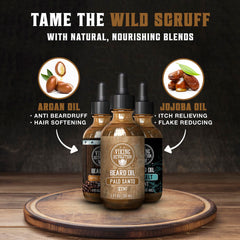 Viking Revolution palo santo beard oil bottle emphasizes natural calming aroma