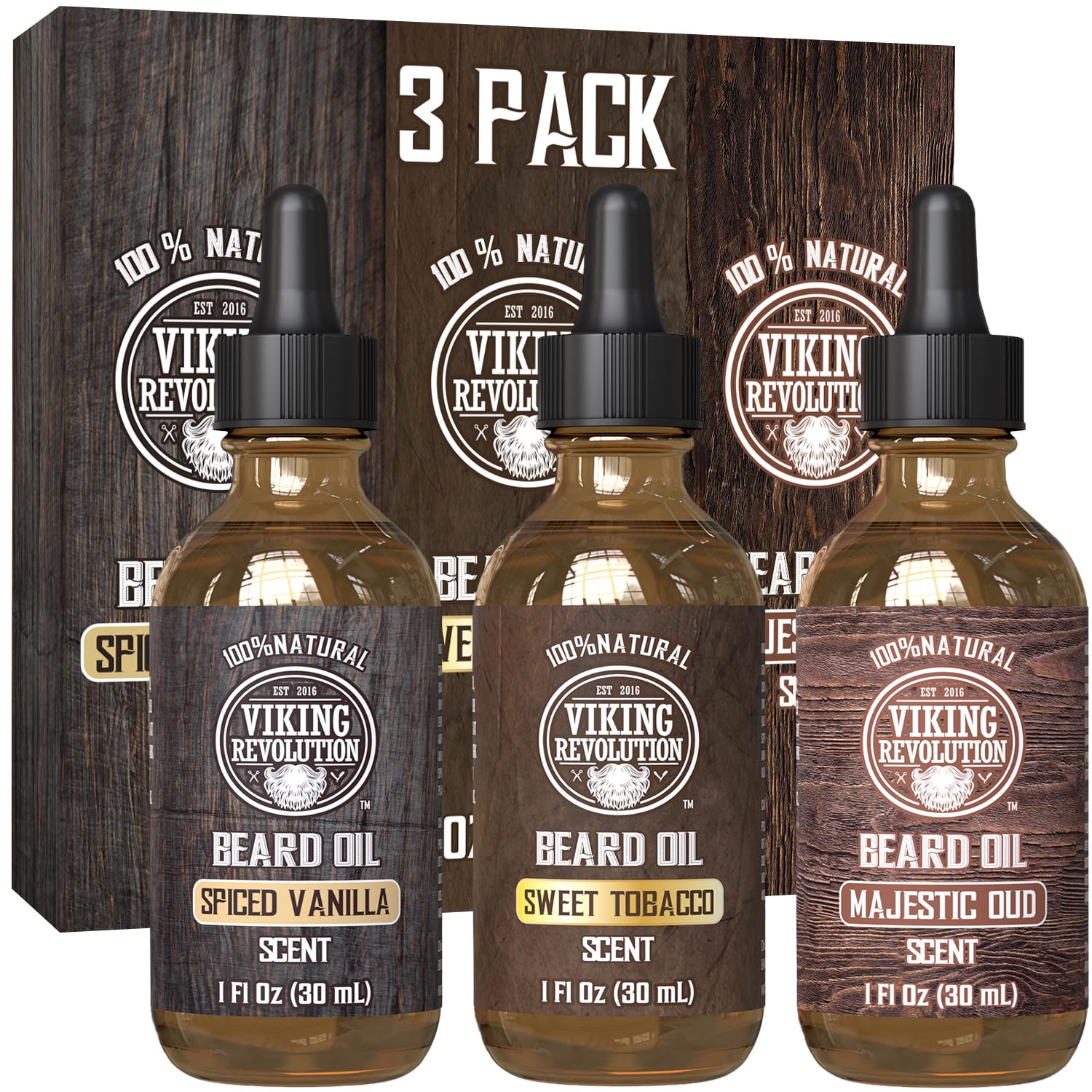Viking Revolution beard oil spiced vanilla bottle close-up for conditioning
