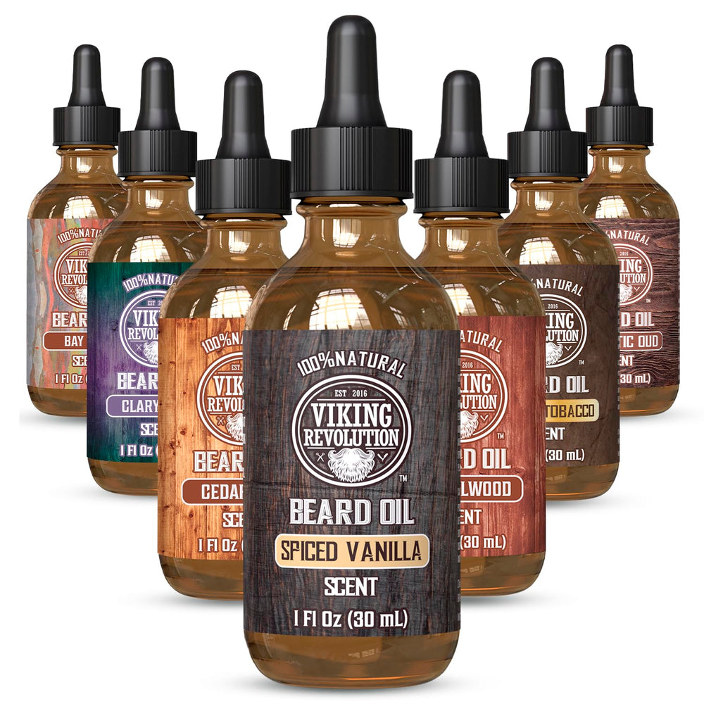 Viking Revolution Beard Oil spiced vanilla bottle for fragrance and conditioning.