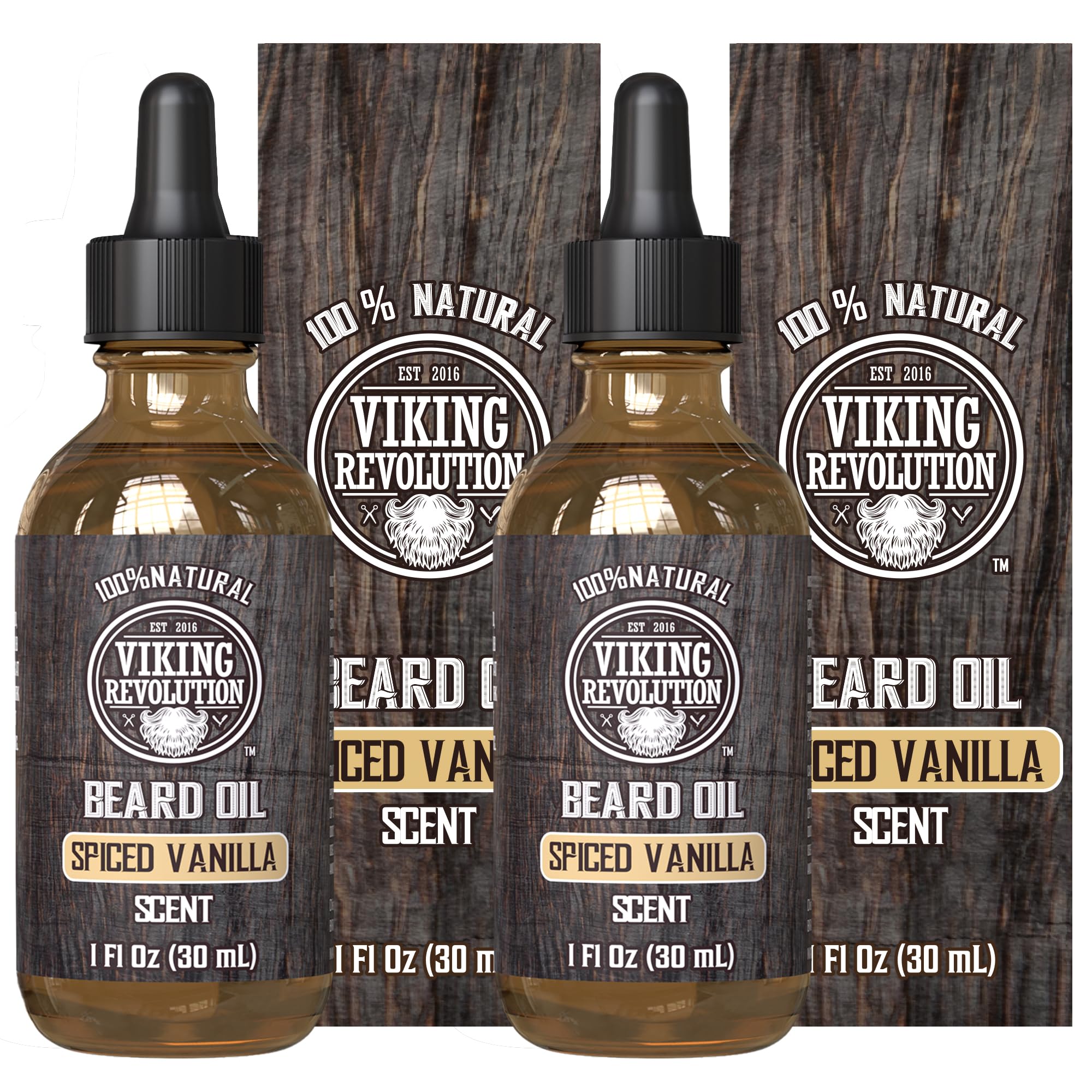 Viking Revolution beard oil with spiced vanilla bottle ready for daily use and fragrance.