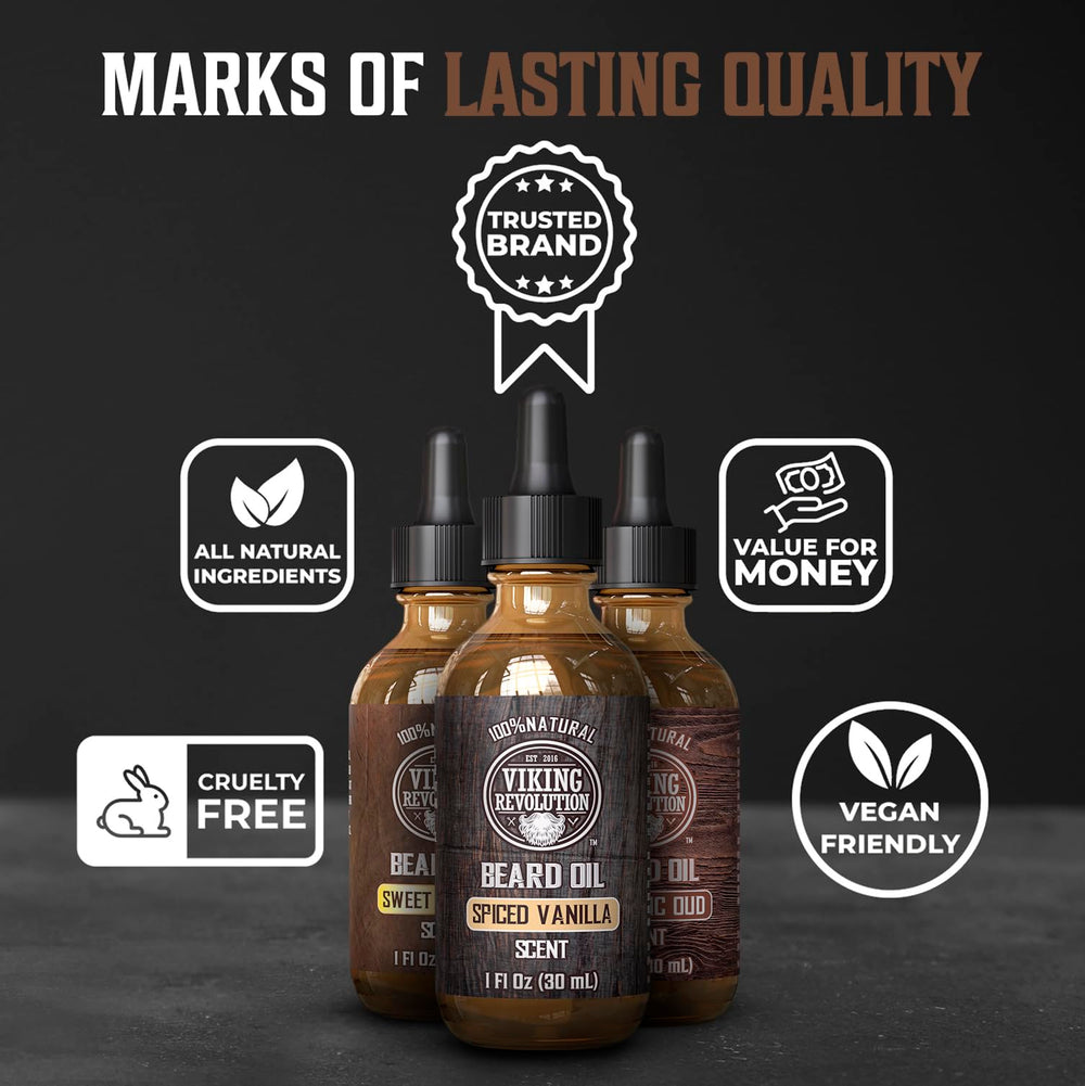 Viking Revolution beard oil spiced vanilla close-up for quick hydration