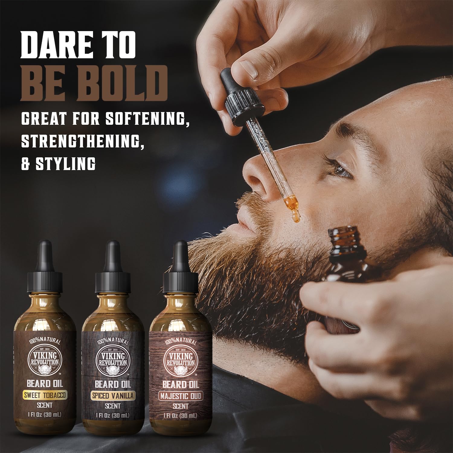 Viking Revolution beard oil Sweet Tobacco bottle close-up for daily scent