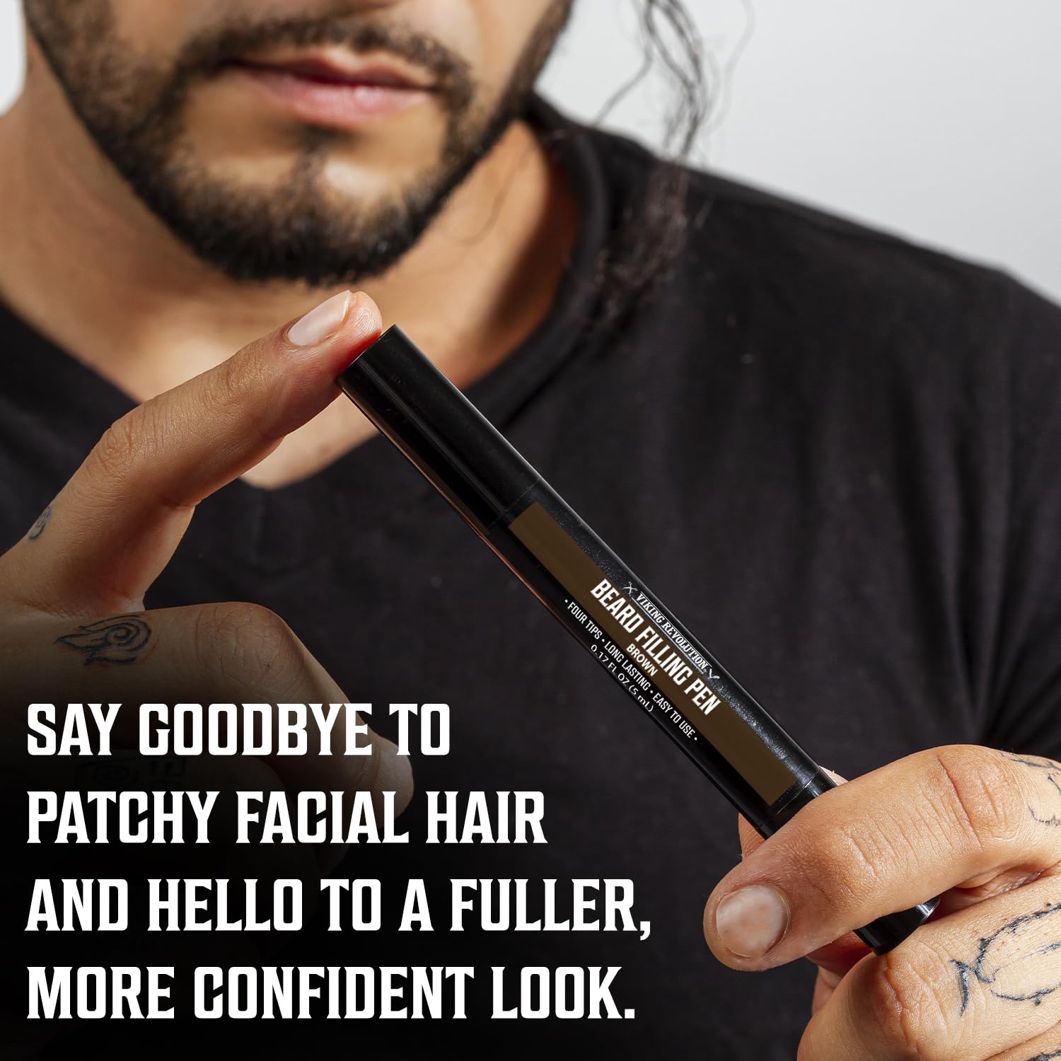 Viking Revolution beard-pen brown application tip enables precise patch filling.